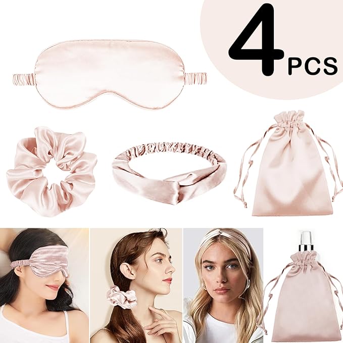 4Pcs Silk Sleep Masks Satin Eye Mask Silky Eyes Cover Blindfold Eyeshade Headband Scrunchies Pouch Bags Bridesmaid Gifts