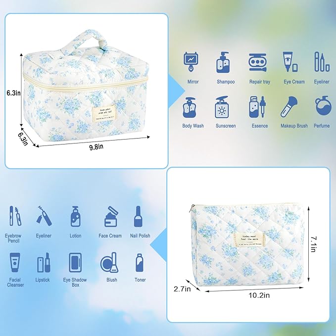 URSKYTOUS 2Pcs Cotton Quilted Makeup Bag for Women Girls Large Small Travel Floral Cosmetic Bags Set Cute Coquette Zipper Makeup Pouch for Purse Aesthetic Cloth Flower Storage Toiletry Bag Organizer