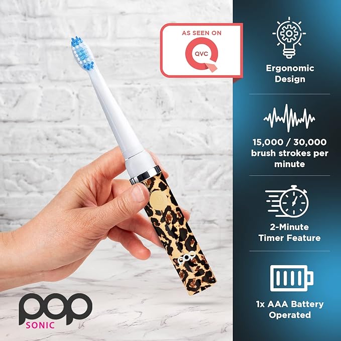 Pop Sonic Electric Toothbrush (Leopard) - Travel Toothbrushes w/AAA Battery | Kids Electric Toothbrushes with 2 Speed & 15,000-30,000 Strokes/Minute, Dupont Nylon Bristles