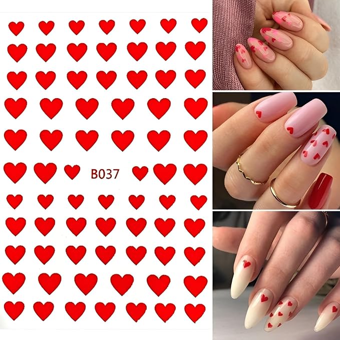 8 Sheets Valentine's Day Nail Art Stickers Heart Nail Supplies 3D Self-Adhesive Pegatinas Uñas Valentine's Day Nail Supplies Nail Art Design Decoration Accessories for Women and Girls