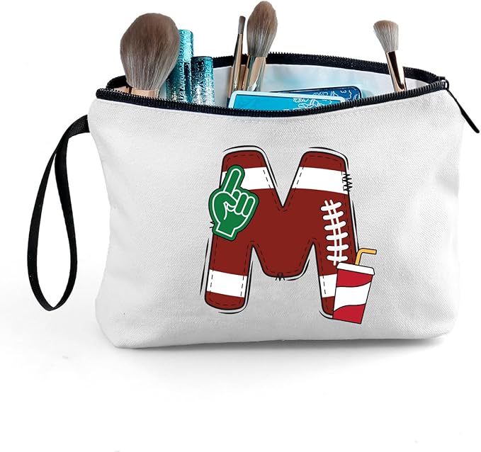 Football Initial Birthday Graduation Gifts Cosmetic Travel Toiletry Bags Football Accessories Party Favors for Women Girls Daughter Niece Team Coach Friends -M