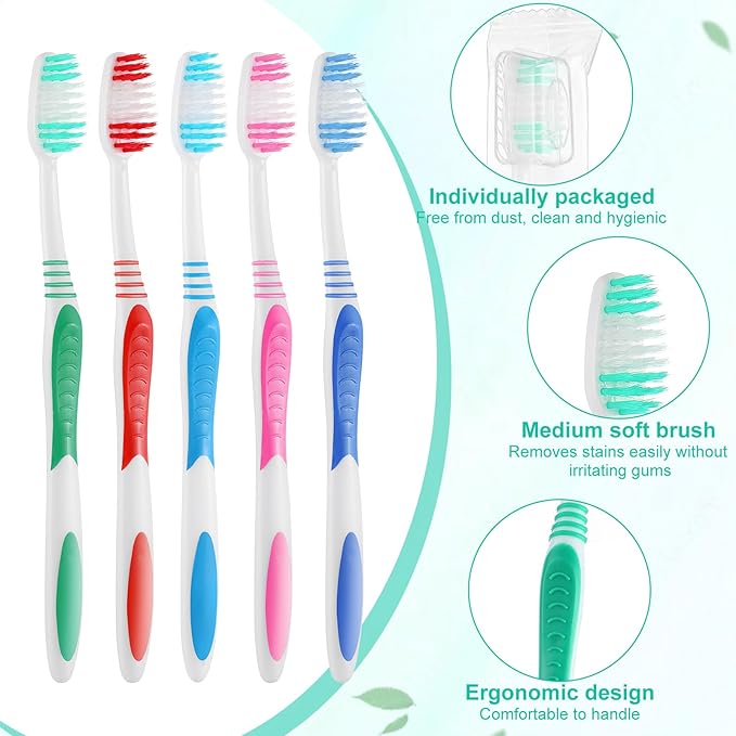 Tioncy 500 Pack Toothbrushes Bulk Individually Wrapped Pack with Covers Colorful Tooth Brushes Medium Disposable Soft Bristles Adult Manual Toothbrush for Travel Hotel Packages Relief Donations