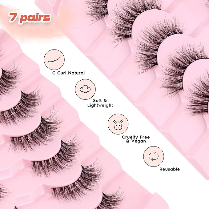 Natural Cat Eye Lashes Wispy Eyelashes 14mm Lightweight False Eyelashes 3D Volume Natural Lashes 0.1mm Thin Cotton Band Lash Strips Pack C Curl Soft Eyelash 7 Pairs Siligli