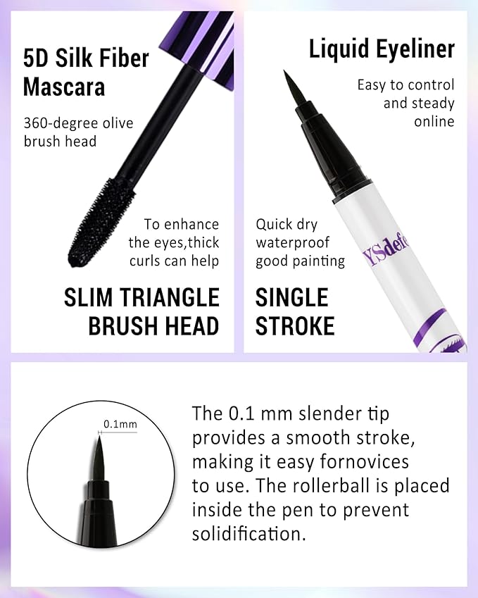 White Mascara Liquid Eyeliner Set, Update Longlasting Waterproof Color Eye Liner Pen, 5D Silk Fiber Colored Mascara Volume and Length, Christmas Party Stage Use Eye Makeup Gift Kit for Women Girl-03