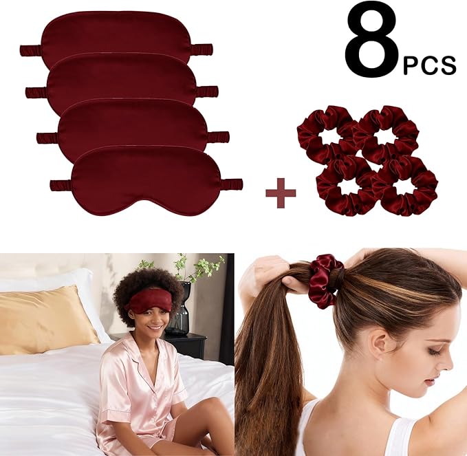 Satin Eye Mask 8Pcs Silk Sleep Masks Silky Blindfold Eyeshade Blackout Eyes Cover Scrunchies Hair Ties Travel Wedding Gifts