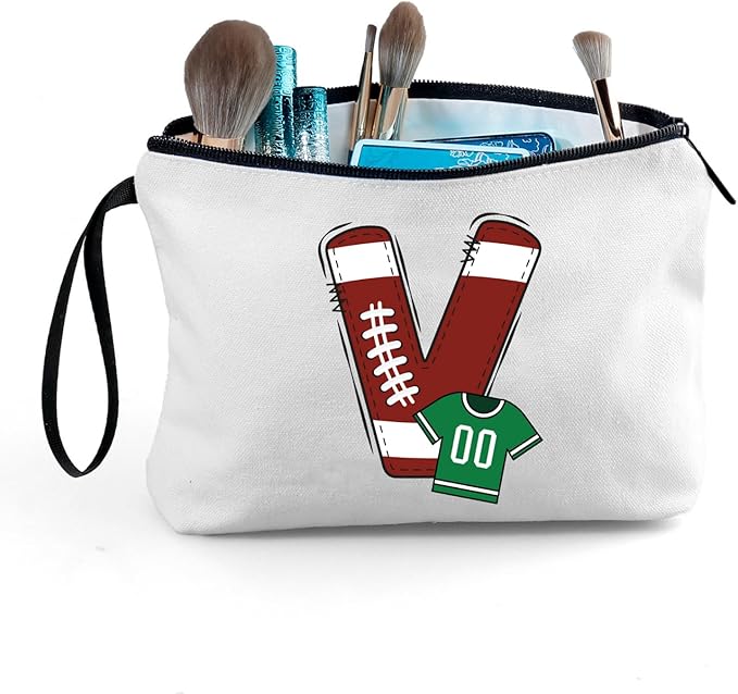 ARIOSEY Football Initial Birthday Graduation Gifts Cosmetic Travel Toiletry Bags Football Accessories Party Favors for Women Girls Daughter Niece Team Coach Friends -V