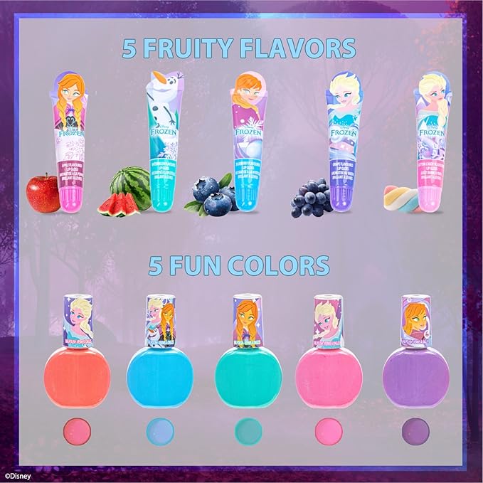 Disney Frozen 2 Super Sparkly Cosmetic Makeup Set for Girls with Lip Gloss Nail Polish Nail Stickers 11 Pcs Perfect for Birthday Gift Age 3+ by Townley Girl