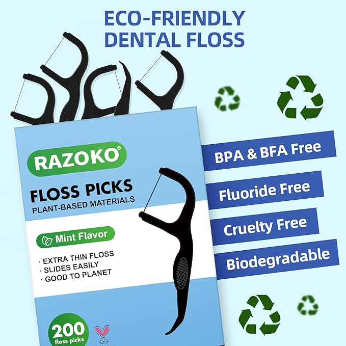 RAZOKO 100 Count Biodegradable Charcoal Dental Floss Picks, Plant-Based Mint Flossers with Bamboo Charcoal Thread, Shred-Resistant & Eco-Friendly Teeth Cleaning Sticks for Adults & Kids