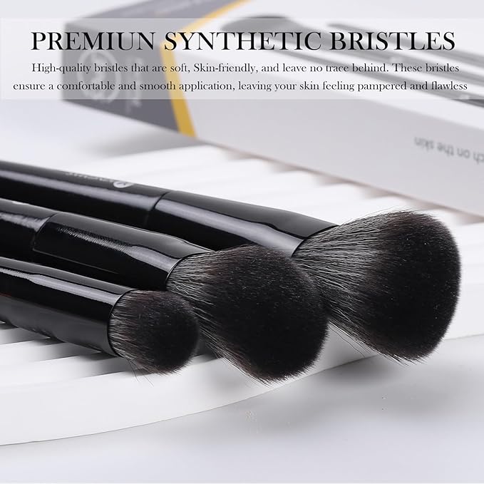 KINGMAS Foundation Makeup Brushes, 3Pcs Kabuki Contour Concealer Makeup Brush, Vegan & Cruelty-Free, Synthetic Cosmetic Under Eye & Blusher Face Brush (Black)