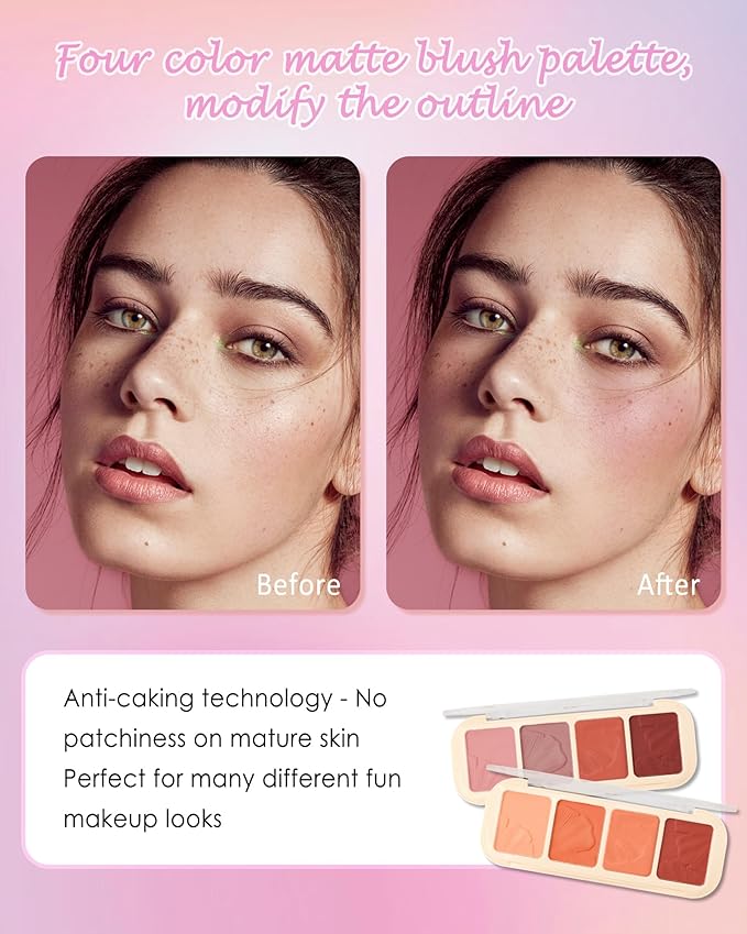Matte Face Blush Palette Kit with Brush-4 Color Pink Plum Orange Silky Mineral Blendable Blusher Contour Powder for Cheek,Longlasting Facial Beauty Valentine's Women’s Day Makeup Gift for Women-01