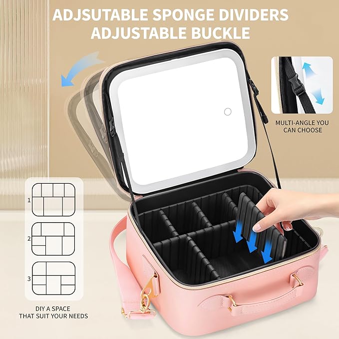 ZhenGuiRu Travel Makeup Bag Cosmetic Organizer Bag with Lighted Mirror, Waterproof Makeup Bag with Light Up Mirror, Travel Makeup Case for Cosmetic Brush Holder Storage, Large Toiletry Bag Women Gift