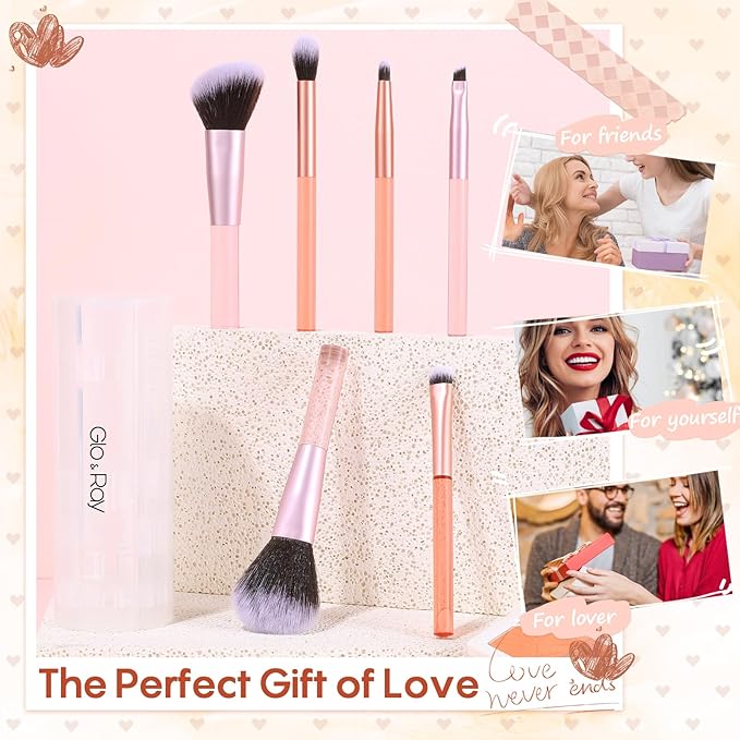 GLO&RAY Makeup Brushes 6Pcs - Travel Make Up Brush Set Professional for Eyeshadow, Foundation, Powder, Concealer, Blush, Eyeliner & Brow Blending Portable Face Cosmetic Brushes Kit with Case Mini