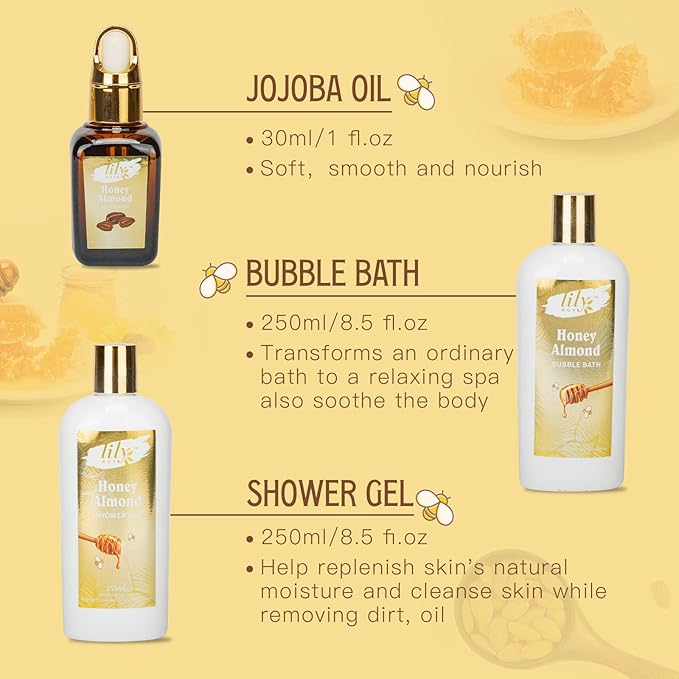 Valentines Day Gifts for Women - 7-Piece Honey Almond Spa Gift Set, Bath & Body Gift Set, Bath Collection | Mothers Day Gifts for Mom, Fathers Day, Birthday, Christmas Gift, Holiday Present for Women
