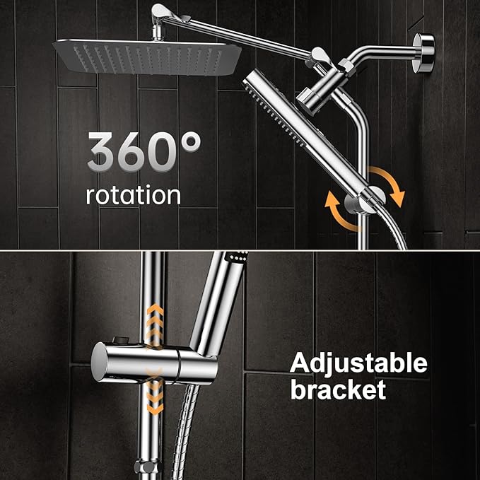 Veken 10'' All Metal Rain Shower Head with Handheld Spray Combo, Hand Held Bathroom Showerhead Combo with Extension Arm, Dual shower with Power Wash, Adjustable Rainfall Shower Head, Chrome