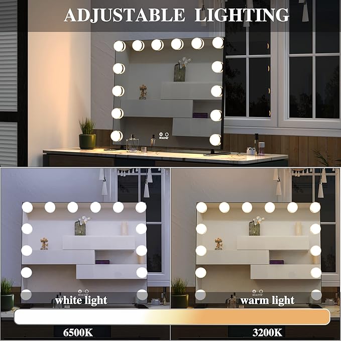 BEAUTME Vanity Mirror with Lights, Lighted Makeup Mirror with 14 Dimmer Bulbs, 2 Color Lighting Mode, Touch Control, Tabletop or Wall Mounted for Bedroom,Dressing Room,Balck 23.6" X 20"
