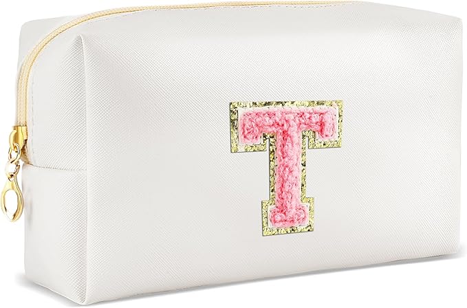 URSKYTOUS Initial Makeup Bag Personalized Preppy Travel Small Cosmetic Bag Cute PU White Chenille Letter Makeup Pouch for Purse Waterproof Zippered Toiletry Organizer for Women Girls Kids Friends (T)