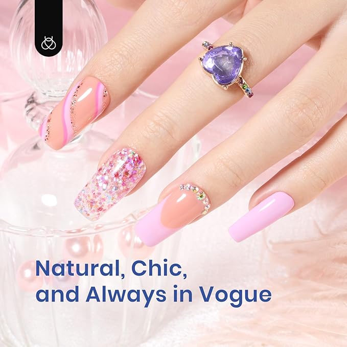 Beetles Gel Nail Kit Medium Square: Easy Nail Extension Set 5 In 1 Glue Gel Base Coat with Pre shaped Medium Square Tips and Uv Lamp Acrylic Nail Kit for Women Beauty Gift Set