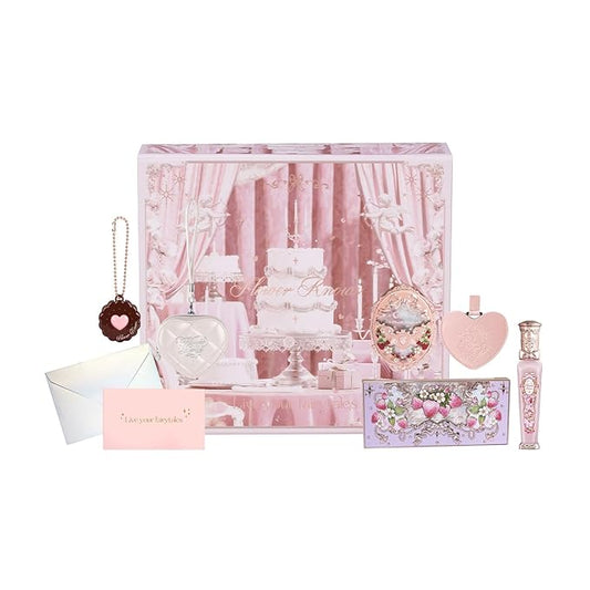 Flower Knows Feb-Blush Bliss Makeup Box Set,8-Piece Beauty Kit,Includes Make-up Palette,Lipgloss,Eyeshadow,Blush,Powder Bag Charm,Mirror,Wishes Card,Box,Perfect Valentine,Make Up Gift for Women&Girls
