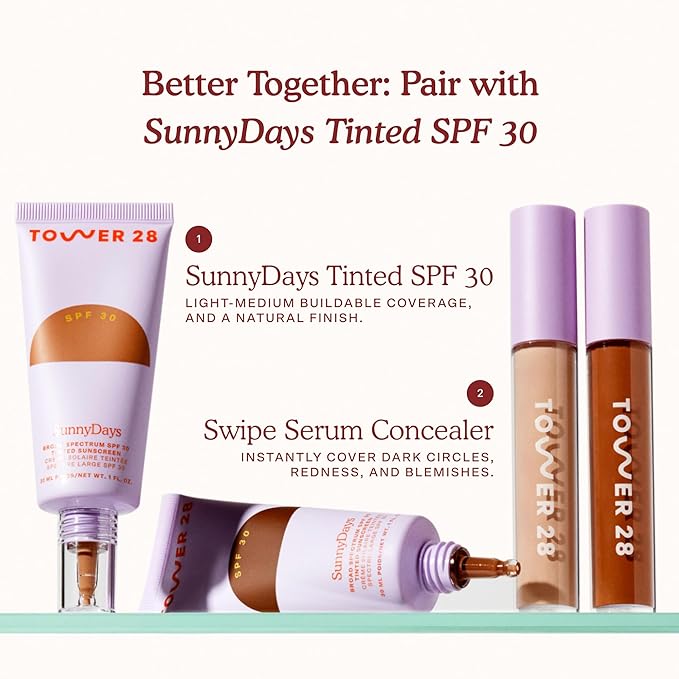 Tower 28 Swipe Serum Concealer - Hydrating Medium-Full Coverage Concealer + Under Eye Brightener - Skin Care Infused Makeup with Hyaluronic Acid + Soothing Centella - 18 Deep/Golden (0.22 oz)