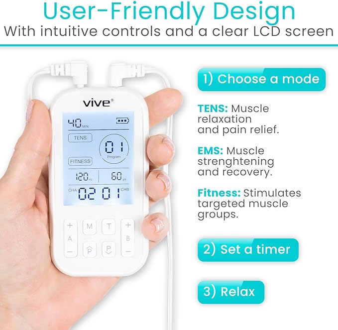 Vive Stim Machine for Muscle Recovery - 60 Mode Tens Unit Stimulator for Pain Relief Therapy - EMS w/Electrodes for Period Cramps, Physical Therapy - Stimulation Device, Tense Relaxer for Back Pain