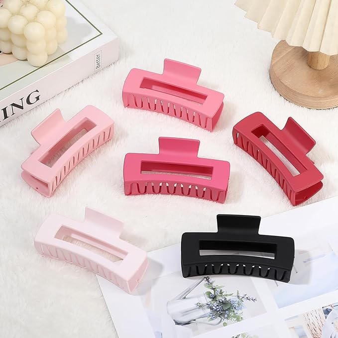 4 Inch Big Hair Claw Clips 6 Pcs Large Claw for Thick Hair Square Hair Clips for Women Rectangle Hair Clips Nonslip Acrylic Banana Jaw Clips Hair Accessories for Girls (Pink)