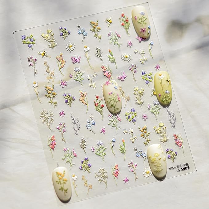 5D Embossed Flower Nail Stickers Self-Adhesive Nail Art Stickers for Spring Nail Decals Daisy Floral Nail Art Supplies Nail Design for Acrylic Nails Flower Manicure Decorations for Women