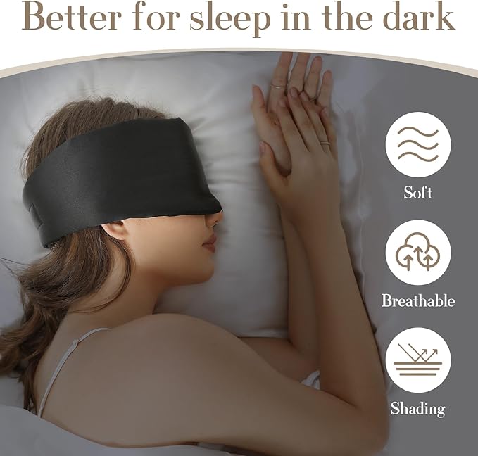 SECZIPE 100% Mulberry Silk Sleep Mask Eye Mask for Women Man with Adjustable Band, for Side Sleeper Blackout Sleep Mask for Travel Rest and Office Large Size (Black)
