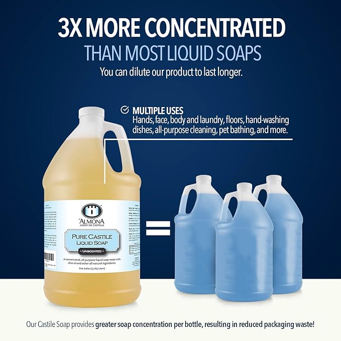 La Almona - Pure Castile Liquid Soap, UNSCENTED, 1 Gallon - Multipurpose: Hands, Face, Body, Laundry, Dishes & More - For Sensitive Skin, All-Natural Ingredients, Fragrance Free
