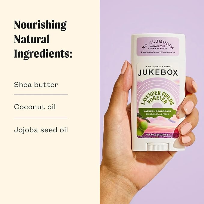 JUKEBOX Natural Deodorant for Women–Lavender Fields Forever Scent–Aluminum-Free, No Baking Soda, No Harsh Chemicals, Odor Blocking Technology, Lavender, Pear, Driftwood-a Dr. Squatch Brand-2.65oz