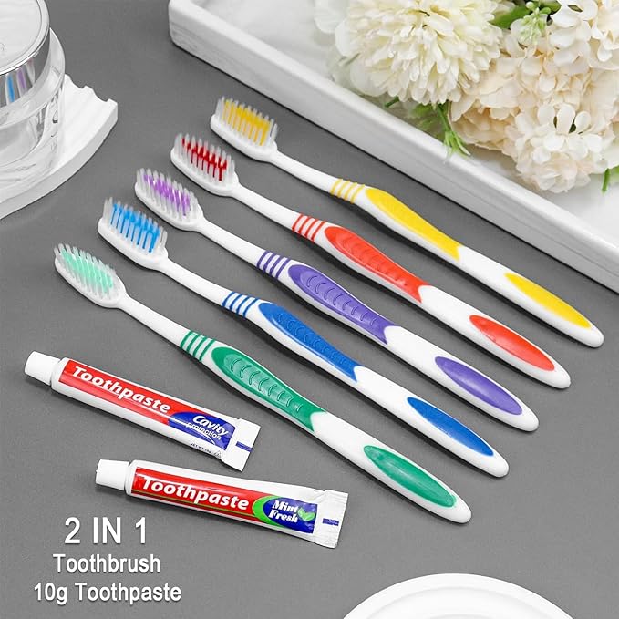 10 Pack Disposable Toothbrushes with Toothpaste Individually Wrapped, 10g Travel Toothpaste Single Use Manual Toothbrush Kit for Adults Guests Travel Hotel Nursing (10 pcs,5 Colors)