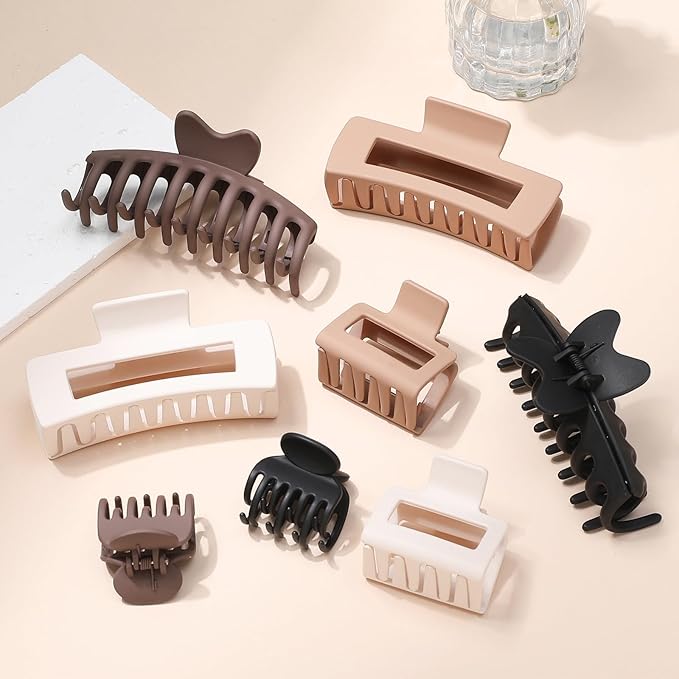 8 Pcs Large, Medium and Small Hair Accessories for Women and Girls - Thick and Thin Hair Clips in 4 Styles: Claw, Rectangle, Square, Butterfly (Brown)