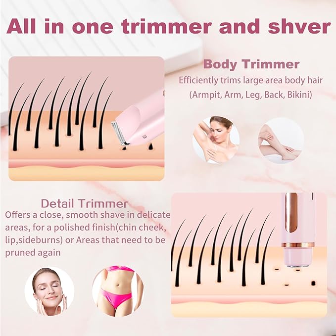 2 in 1 Bikini Trimmer for Women, Dual Head Electric Shaver with LED Display, IPX7 Waterproof Body Pubic Hair Trimmer Rechargeable Womens Electric Razor for Armpit Leg Body Facial (Pink)