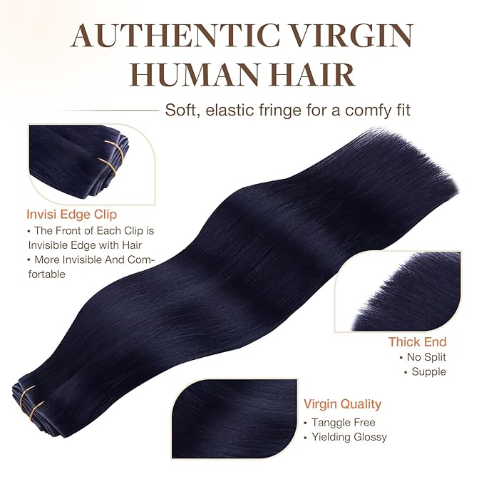 GOO GOO Invisi Edge Clip in Hair Extensions 18inch 120g 7Pcs Injected Seamless PU Clip in Hair Extensions, Virgin Real Human Hair, #1G Blue Black