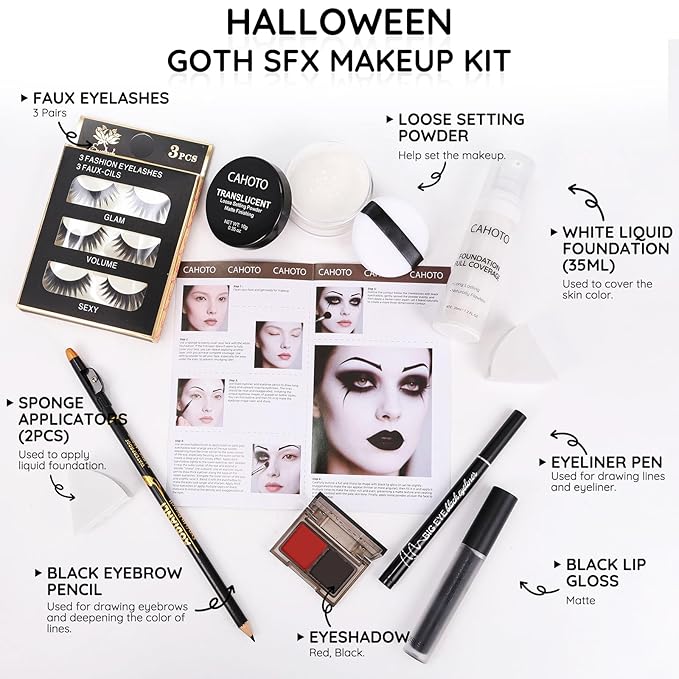 Halloween Goth SFX Makeup Kit, Complete Gothic Makeup Set Include White Liquid Foundation, Eyeliner, Setting Powder, Eyeshadow & Black Lipstick for Halloween Cosplay, Carnival, Theater