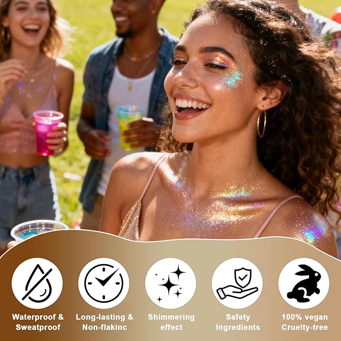 Roll-on Body Glitter Gel Holographic for Face and Hair,Body Glitter Gel Makeup for Kids Women,Body Shimmer Christmas Makeup for Rave Party.(Bronze Color)
