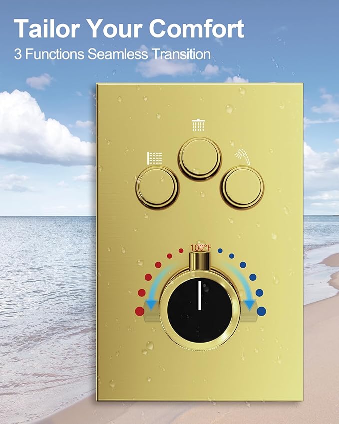 GRANDJOY Thermostatic Shower System, Dual Rainfall Shower Heads for Ceilling & Wall Mounted with Handheld Sprayer, Brushed Gold