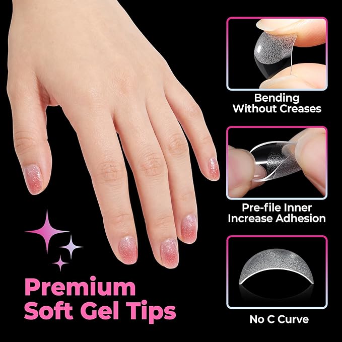 UNA GELLA Extra Short Oval Nail Tips, Pre-Etched Round Clear Fake Nails 216pcs Soft Gel Acrylic Nail Tips Full Cover False Ultra Short Gel Nail Tip for Beginners Nail Salon Extensions 12 Sizes
