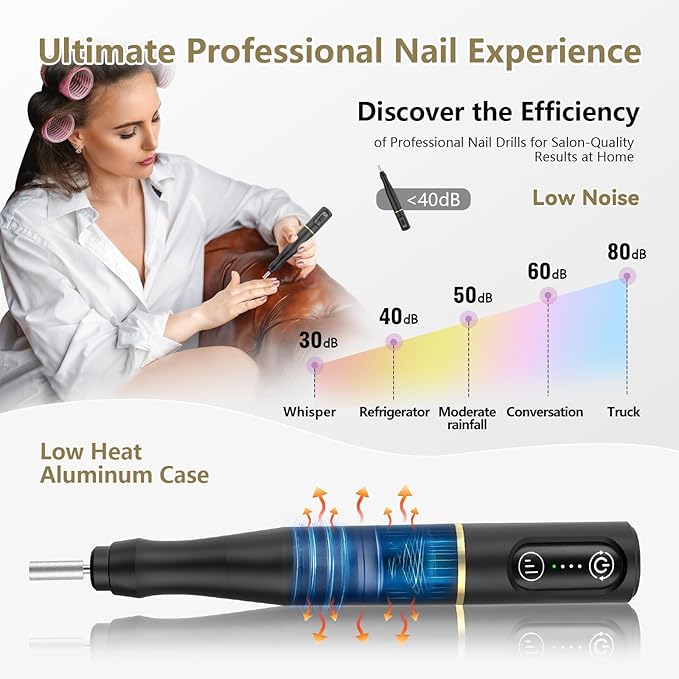 Cordless Nail Drill Electric Rechargeable File Kit, Professional Efile Acrylic Gel Nail Polish Remover Pedicure Manicure Machine Portable Set with 11 Bits 56 Sanding Bands (Black)