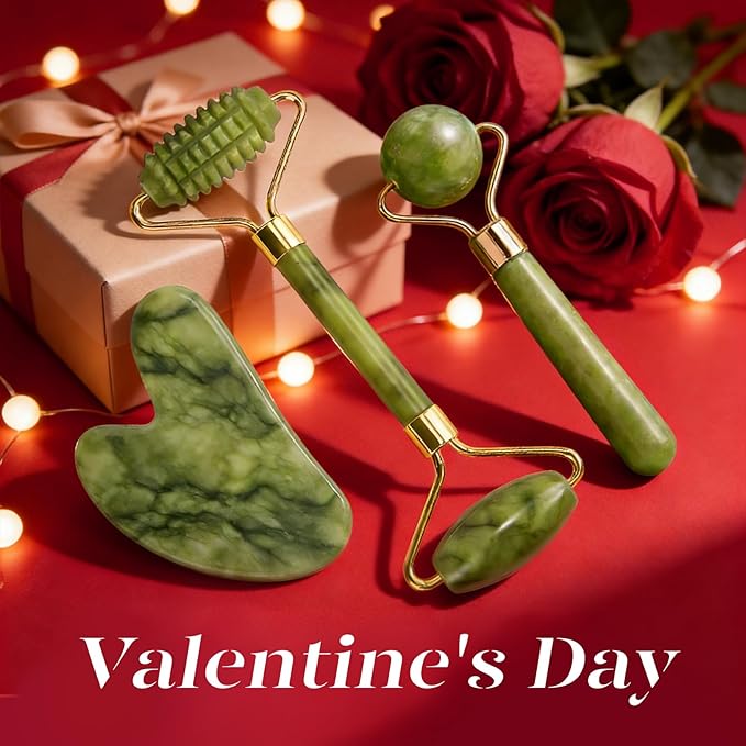 BAIMEI IcyMe Gua Sha and Jade Roller for Face, Natural Jade Face Roller with Ridge Design for Reducing Puffiness & Skin Firming,Facial Sculpting Tool, Self Care Gift for Women Men