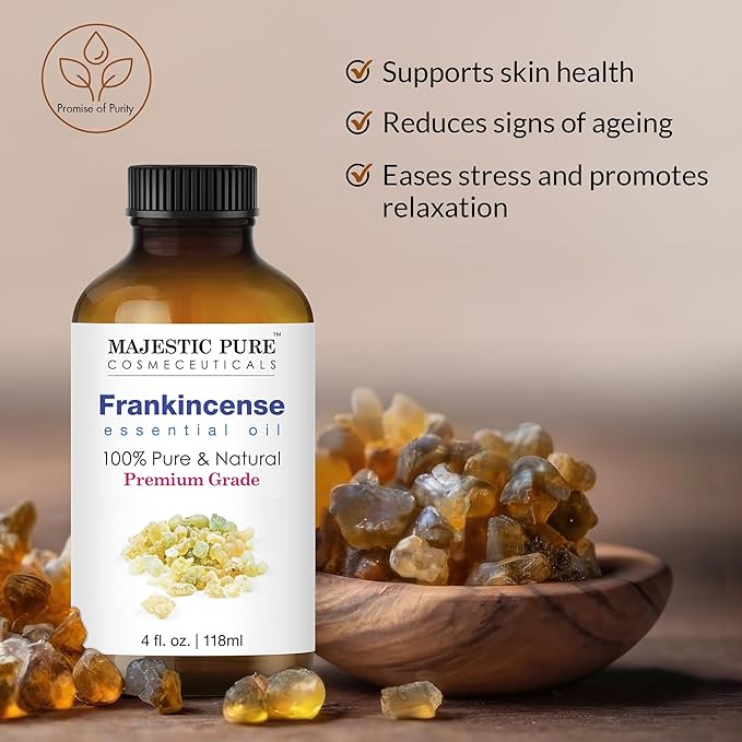 Majestic Pure Essential Oil with Glass Dropper - 100% Pure and Natural - Essential Oils for Diffuser, Aromatherapy, Soap and Candle Making, Frankincense Essential Oil, Frankincense Oil, 4 Fl Oz