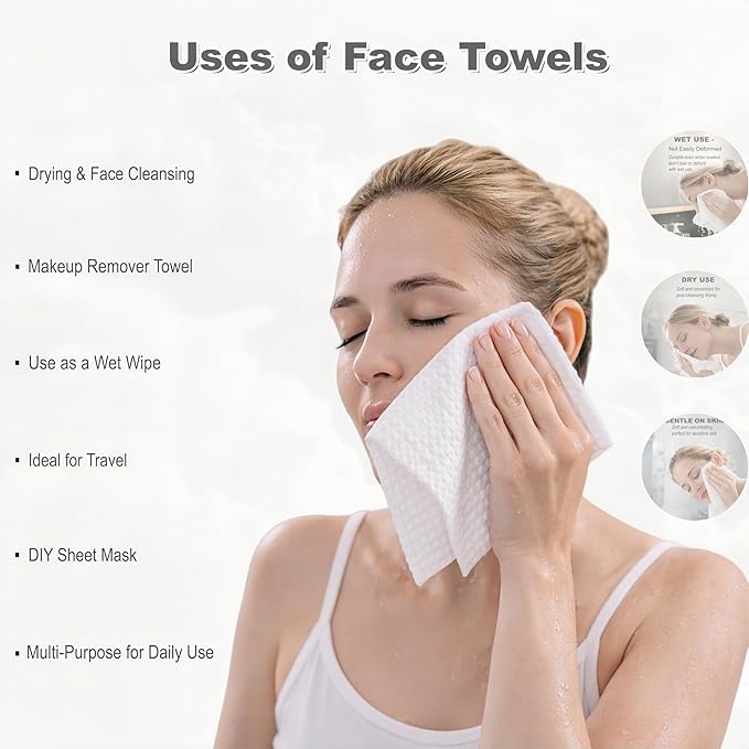GentlGlow Disposable Face Towels, Clean Facial Towels, Multi-purpose Towels for Makeup Remover, Travel Towel, Facial Wash And Dry, Skincare, Daily Cleaning, 3 Pack (210 Count) 8 x 8 Inches