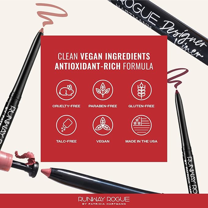 Runway Rogue Designer Liner Lip Pencil, Matte Rich Burgundy-Blackberry Lip Liner Pencil and Lip Liner Sharpener, ‘Throwback’