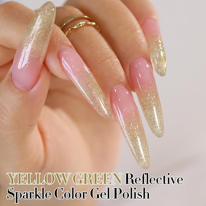 Double Rhythm 15ML Glitter Gel Polish Shimmer Reflective Holographic Color Magnetic for Nail Art Salon DIY at Home (Yellow Green-B1152)