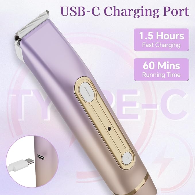 Bikini Trimmer for Women, 2-in-1 Dual Head Electric Razor, IPX6 Waterproof Wet/Dry Use Women Electric Shaver, Painless Body Hair Trimmer, Facial & Pubic Hair Remover for Underarm, Leg, Arm, Purple
