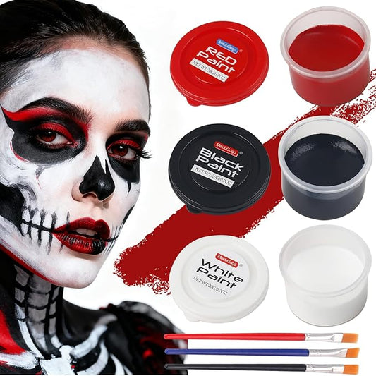 3 Color water-based Face Body Paint Set （Black + White + Red )with Brushes Kits Non-Toxic Easy Washable ,for Adults Halloweens Partys Cosplays Joker Zombie Vampire SFX Art Stage Makeup Adults