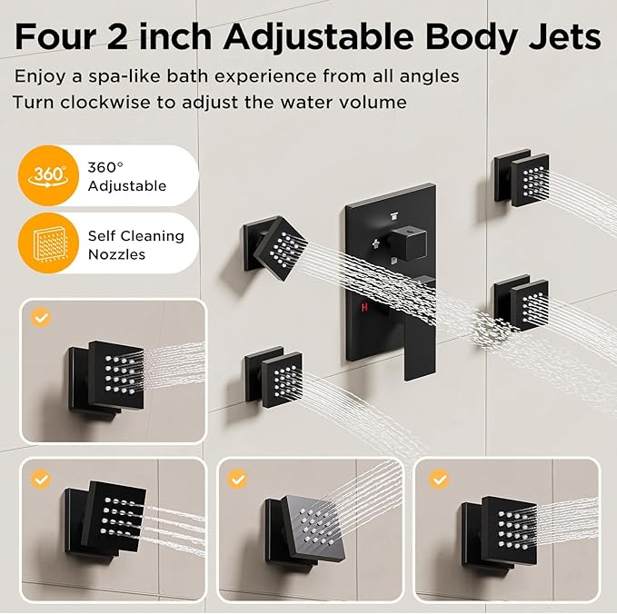 Shower Systems with 4 Body Spray Jets, STARBATH 4 Way 12+6" Rainfall Shower Head with Handheld Combo, Wall Mounted Shower Jets System Shower Faucet Sets Complete, Matte Black