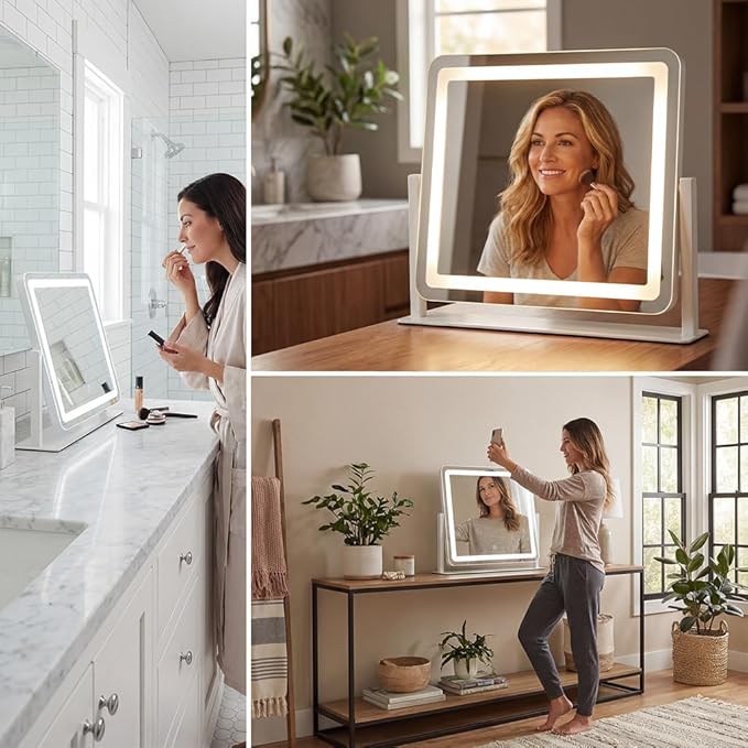Vanity Mirror with Lights, 22''x17'' Lighted Makeup Mirror, LED Makeup Mirror, Smart Touch with 3-Color Lighting Modes, Dimmable, for Bedroom Tabletop - White