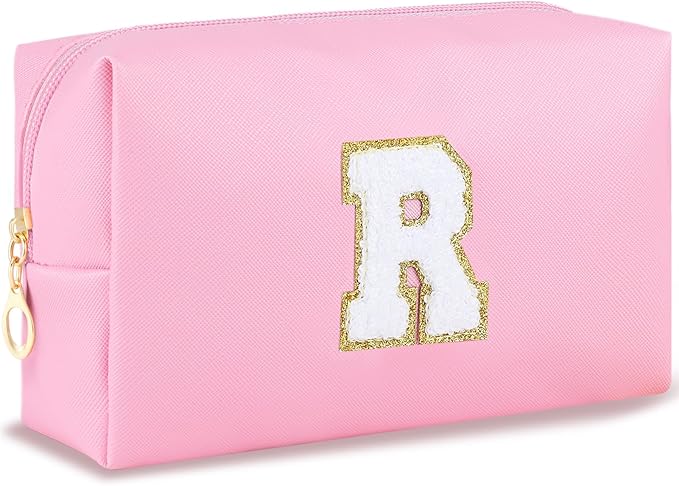 URSKYTOUS Initial Makeup Bag for Women Travel Small Cosmetic Bag Personalized Preppy Chenille Letter Waterproof Pink Makeup Pouch for Purse Monogram Toiletry Bag with Zipper PU Leather Makeup Case（R）