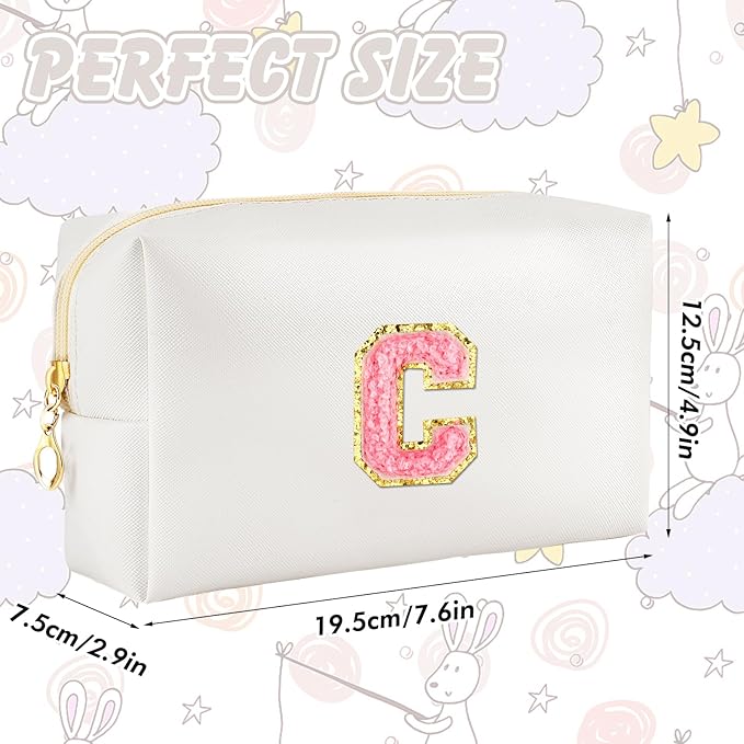 URSKYTOUS Initial Makeup Bag Personalized Preppy Travel Small Cosmetic Bag Cute PU White Chenille Letter Makeup Pouch for Purse Waterproof Zippered Toiletry Organizer for Women Girl Kid Friends(C)