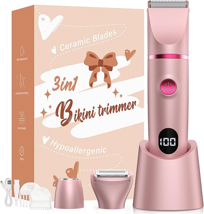 Bikini Trimmer for Women, 3-in-1 Electric Razor for Women, IPX7 Waterproof Rechargeable Cordless Pubic Hair Shaver, with LED Display, for Ladies Bikini Pubic, Face, Underarms, Legs(Rose Gold)